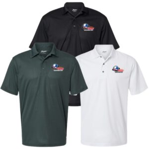 3 polo shirts in black, white and gray with embroidered logo