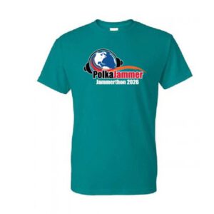 jade color t shirt with short sleeves and polka jammer network logo on the front